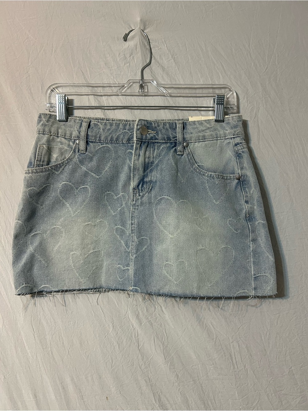 Austin Landing Light Blue Denim Mini Skirt with Heart Etch Detail 3 Raw Hem